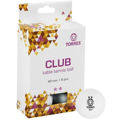 Мяч для настольного тенниса TORRES Club, 2 звезды, 40 мм, 6 шт, цвет белый