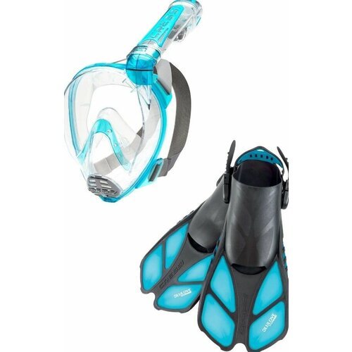 Комплект Полнолицевая маска для плавания и снорклинга CRESSI DUKE Аквамарин (размер S/M) + Ласты короткие регулируемые BONETTE (размер 36-41)