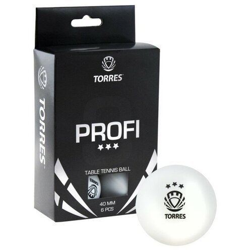 Мяч для настольного тенниса TORRES Profi 3*, арт. TT21012, диаметр 40+ мм, упаковка 6 штук, белый